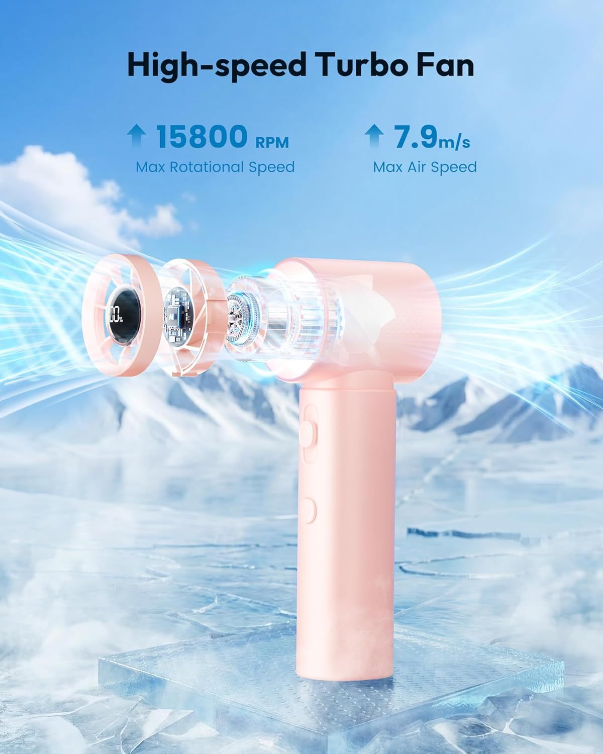 Portable Handheld Turbo Fan, 100 Gear High Speed, Up to 12H Rechargeable Personal Fan with Digital Display, Detachable Base & Lanyard, Small Travel Essentials Cooling Gifts for Women Men New Era Fashion LLc