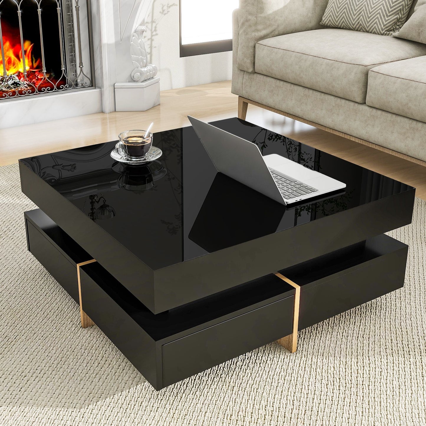 Sleek Black High Gloss Modern Coffee Table with 4 Drawers for Organized Living Rooms, Square Design with Wood Grain Legs, Ideal Cocktail Table 31.5''x31.5'' New Era Fashion LLc