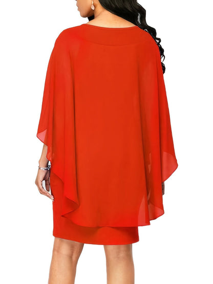 Plus Size Solid Round Neck 3/4 Sleeve Cape Midi Dress; Women's Plus Elegant Slight Stretch Cape Midi Dress New Era Fashion LLc