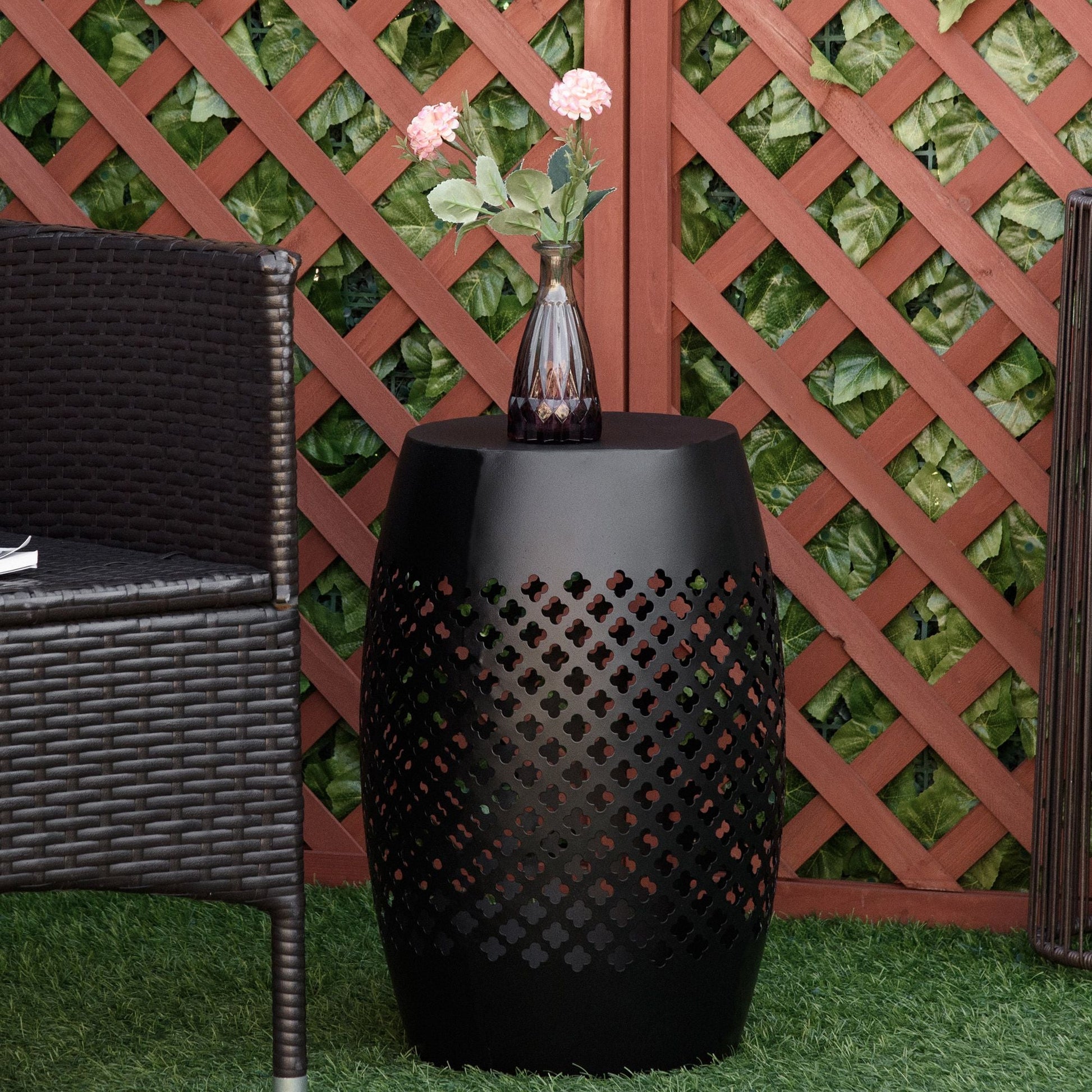 12.5" Steel Outdoor Side Table, Round Hollow Drum Patio End Table, Accent Table for Indoor and Outdoor, Black New Era Fashion LLc