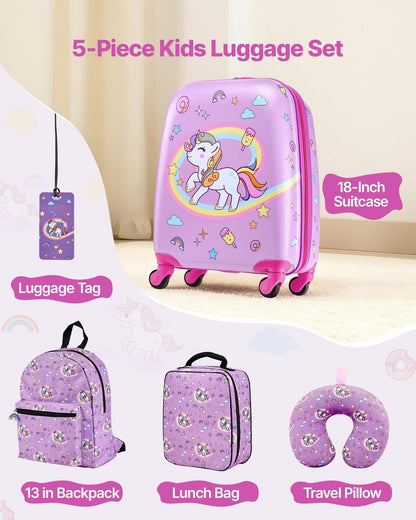 Kids Luggage Set, 5 Piece, 18 Inch Hardside Rolling Wheels Suitcase with Backpack & U-shape Pillow, Unicorn Kids Carry on Luggage Set, Holiday Birthday Gift for Girls Boys, Airline Approved New Era Fashion LLc
