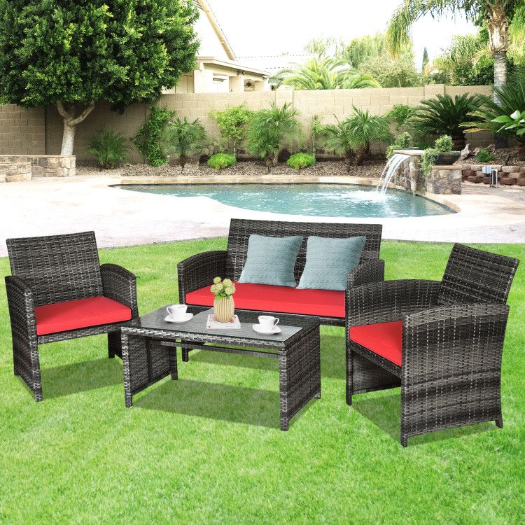 4 Pieces Patio Rattan Furniture Set with Glass Table and Loveseat New Era Fashion LLc