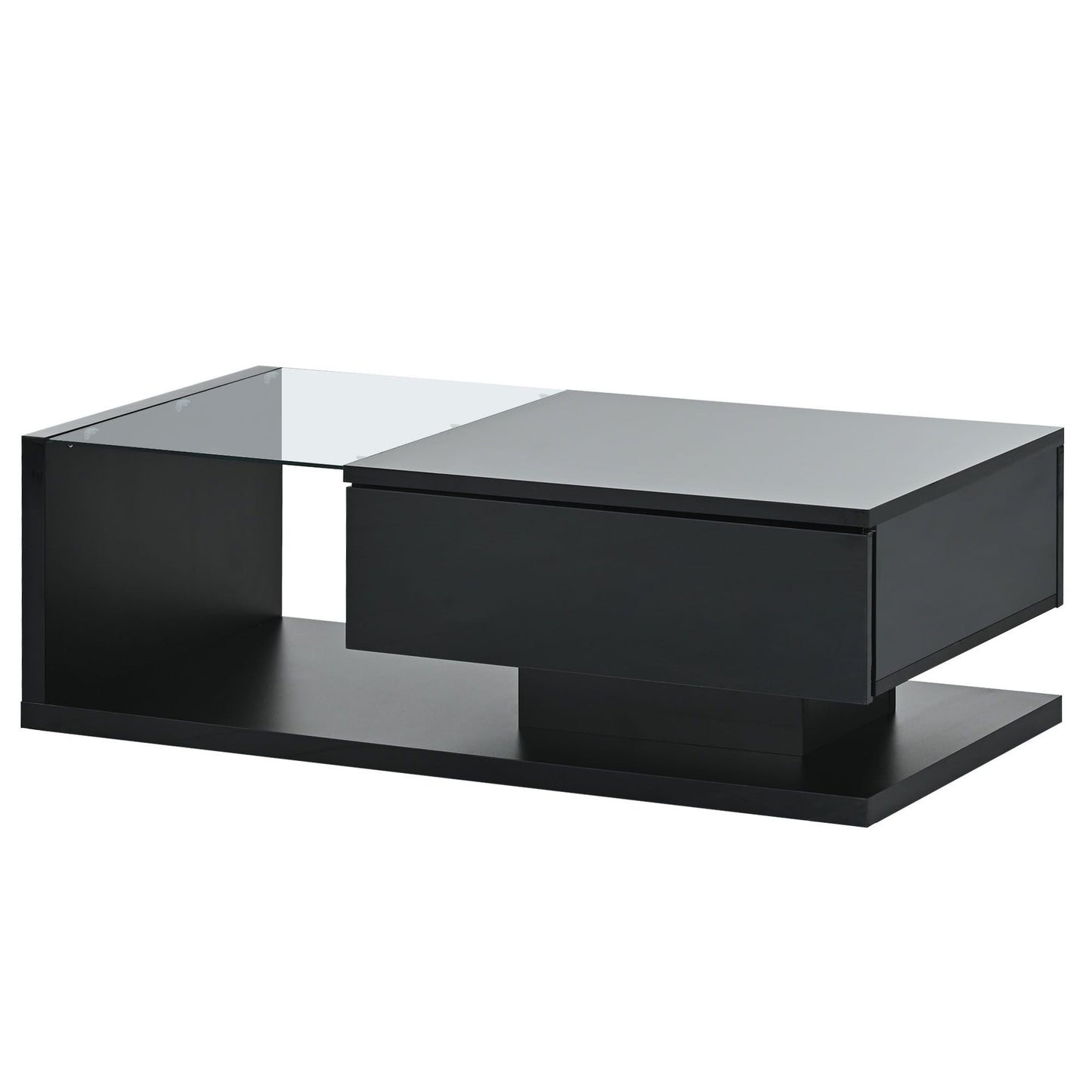 [VIDEO provided] ON-TREND Modern Coffee Table with Tempered Glass, Wooden Cocktail Table with High-gloss UV Surface, Modernist 2-Tier Rectangle Center Table for Living Room, Black New Era Fashion LLc