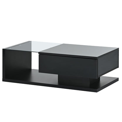 [VIDEO provided] ON-TREND Modern Coffee Table with Tempered Glass, Wooden Cocktail Table with High-gloss UV Surface, Modernist 2-Tier Rectangle Center Table for Living Room, Black New Era Fashion LLc