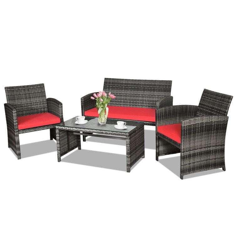 4 Pieces Patio Rattan Furniture Set with Glass Table and Loveseat New Era Fashion LLc