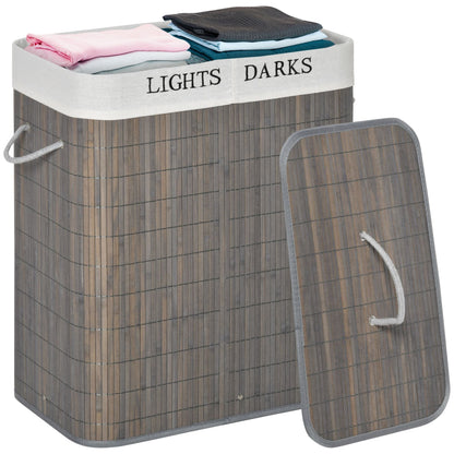 26.4-Gals Bamboo Laundry Hamper with Lid and Handles, 2-Section Collapsible Laundry Basket, Gray New Era Fashion LLc
