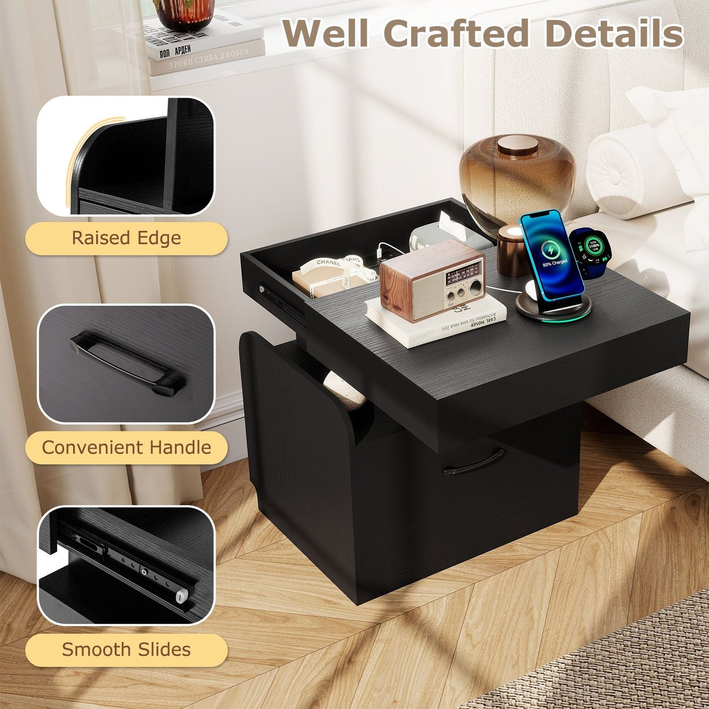 Nightstand with Charging Station Modern Bedside Table for Living Room Bedroom Office New Era Fashion LLc