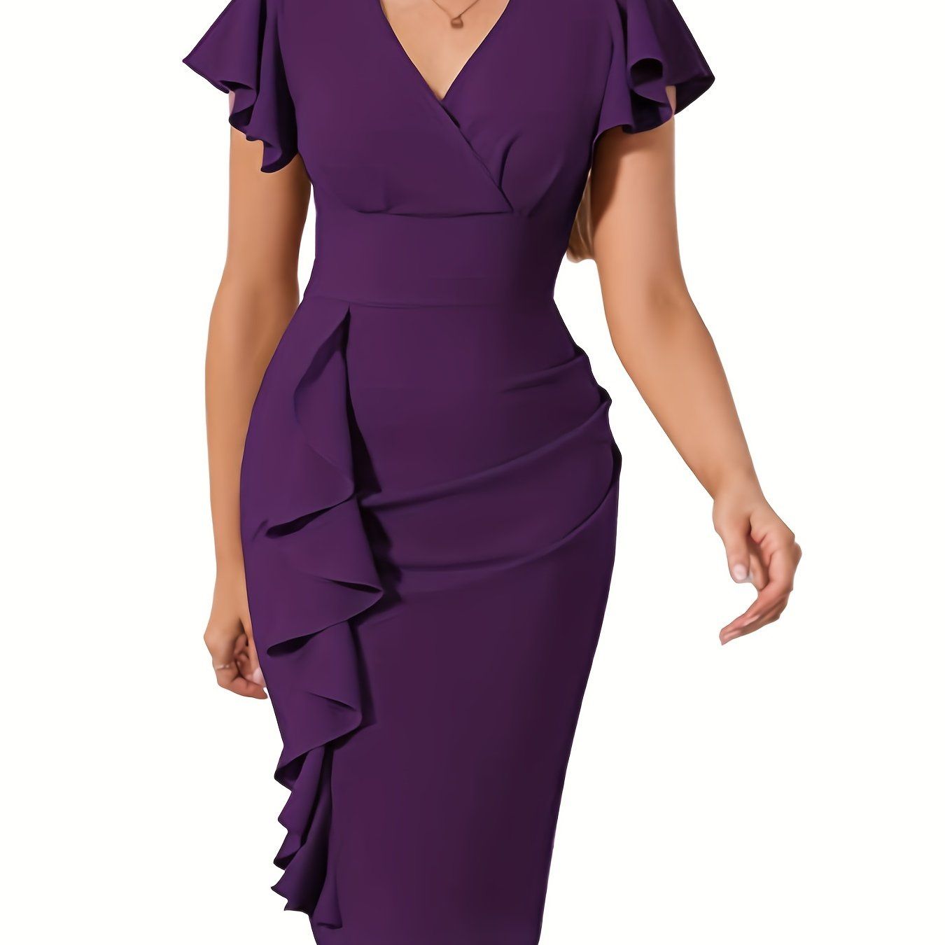Ruffle Hem Bodycon Dress, Elegant V-neck Flutter Sleeve Dress, Women's Clothing New Era Fashion LLc