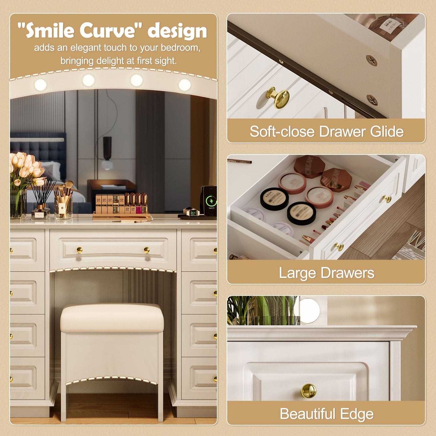 Luxurious Makeup Vanity with 10 Hollywood Bulbs, 3 Color Lighting Modes, Classic Dressing Table with Cushioned Stool and 9 Storage Drawers for Bedroom New Era Fashion LLc