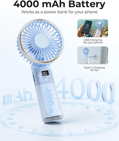 Portable Handheld Fan, Portable Fan Rechargeable, 4000mAh, 180° Adjustable, 6 Speed Wind, Display Electricity in Real Time, USB Rechargeable Foldable F an, Quiet Personal Fan as Power Bank New Era Fashion LLc