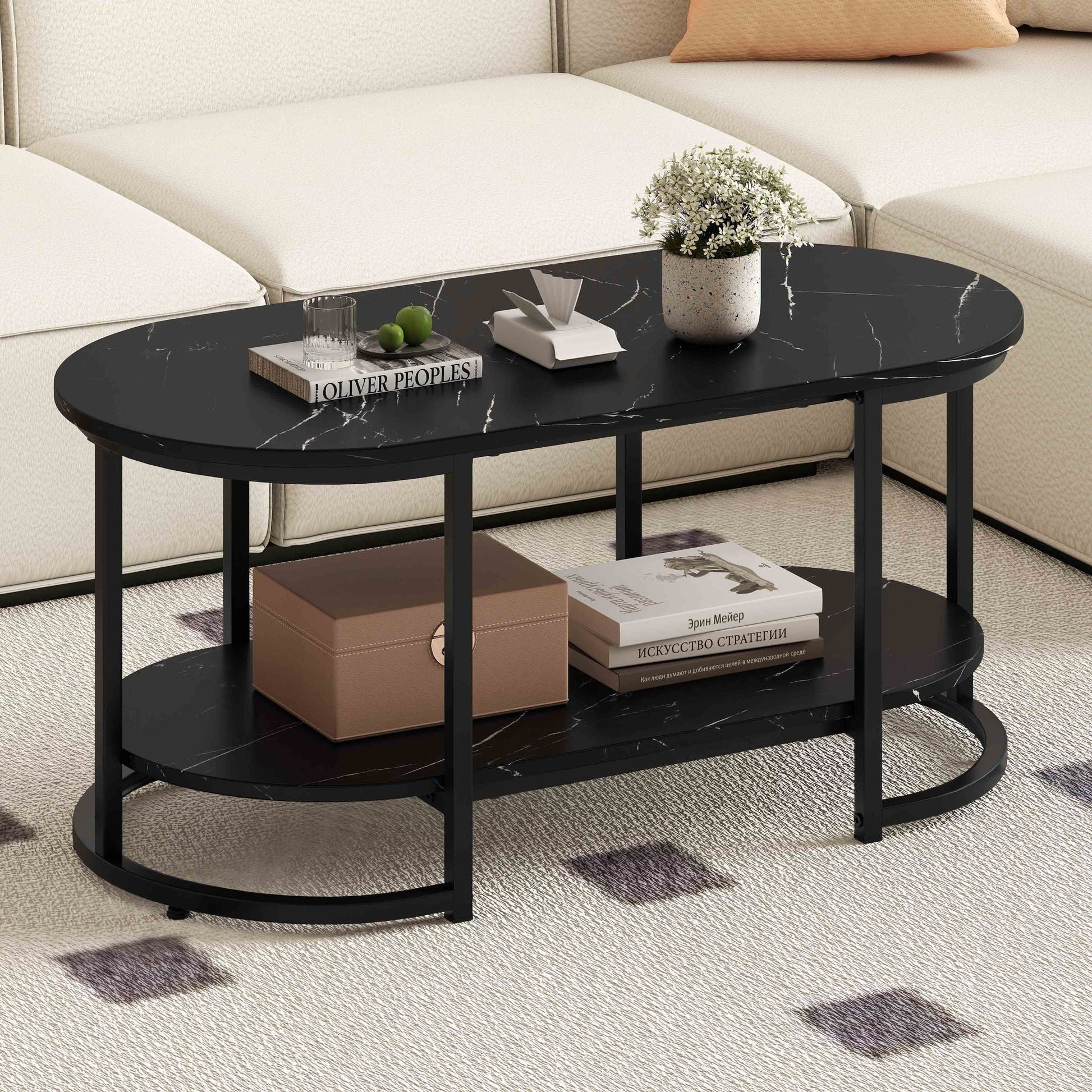Marble Coffee Table with Open Storage Shelf New Era Fashion LLc