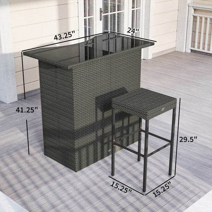 5 Piece Rattan Wicker Bar Set, High Top Outdoor Table and Chairs, Bar Height Patio Set, 2 Shelves & 4 Bar Stools, Gray New Era Fashion LLc