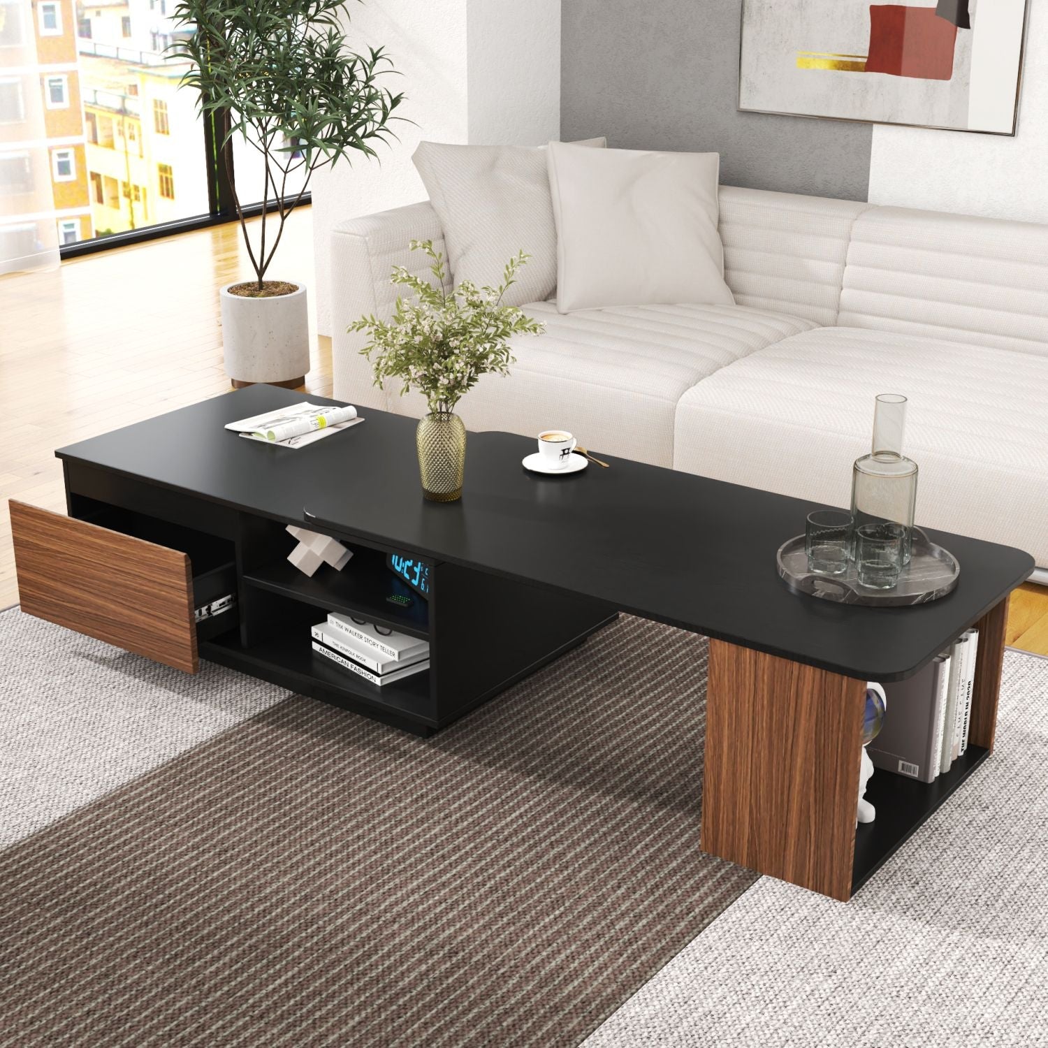 Versatile Extendable Wood Coffee Table with Adjustable Length & Dual Storage Drawers for Modern Living Rooms New Era Fashion LLc