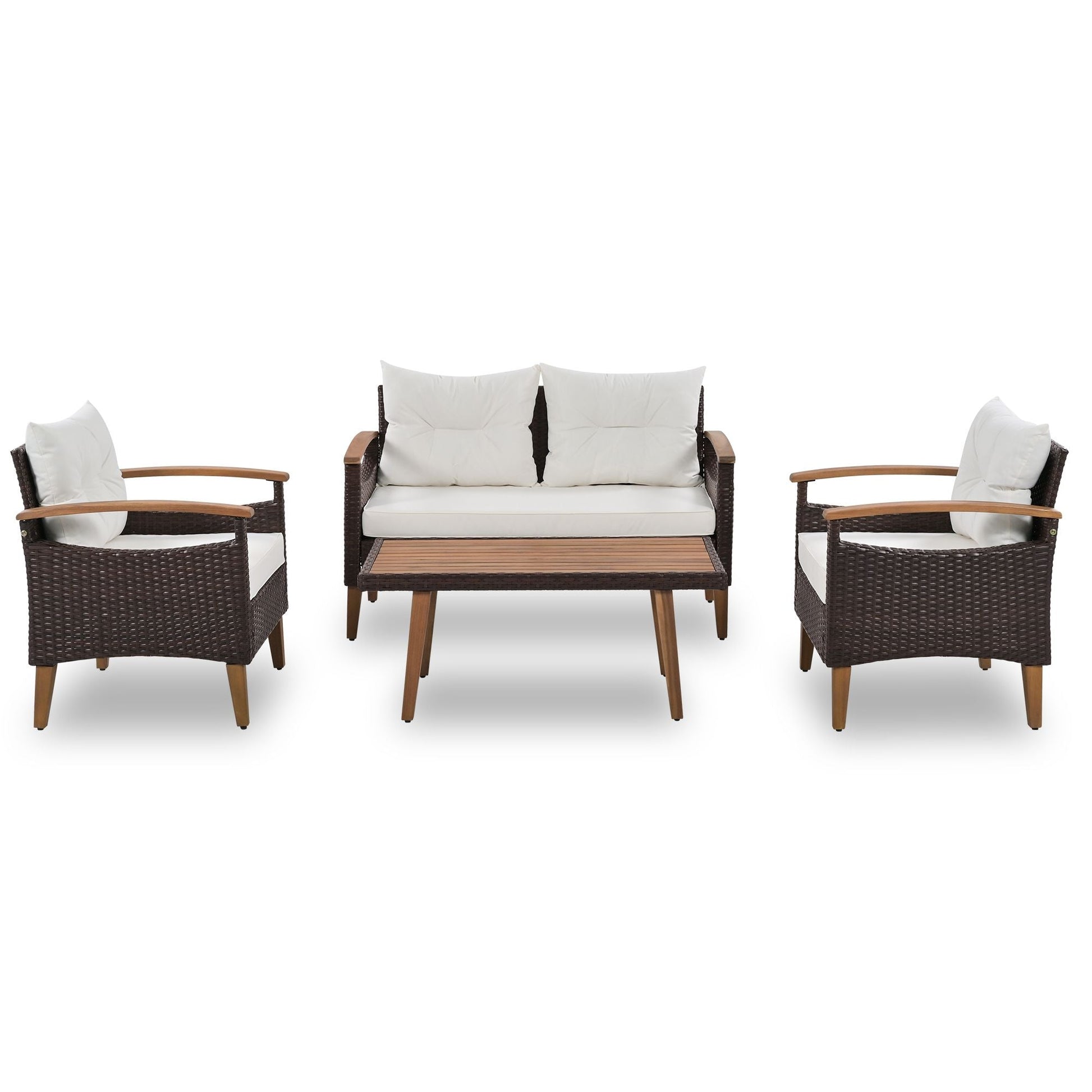 4-Piece Garden Furniture; Patio Seating Set; PE Rattan Outdoor Sofa Set; Wood Table and Legs; Brown and Beige New Era Fashion LLc