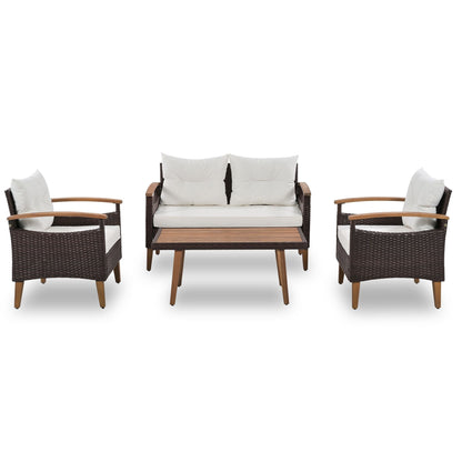 4-Piece Garden Furniture; Patio Seating Set; PE Rattan Outdoor Sofa Set; Wood Table and Legs; Brown and Beige New Era Fashion LLc