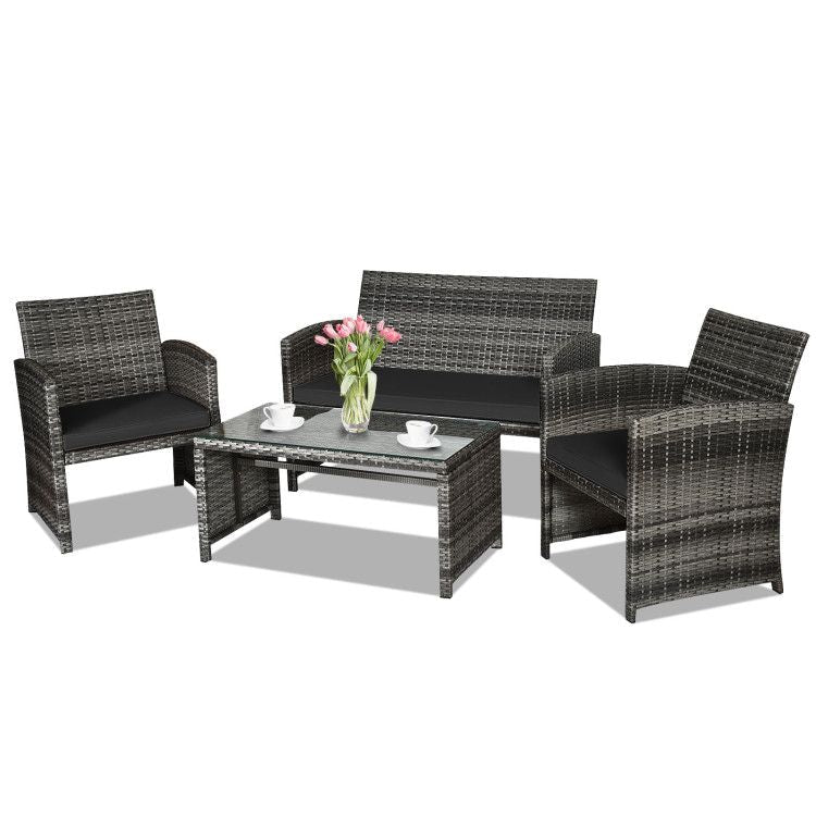 4 Pieces Patio Rattan Furniture Set with Glass Table and Loveseat New Era Fashion LLc