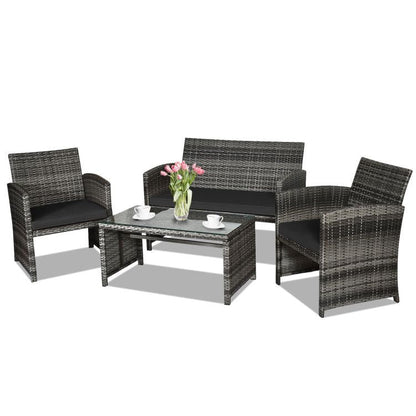 4 Pieces Patio Rattan Furniture Set with Glass Table and Loveseat New Era Fashion LLc