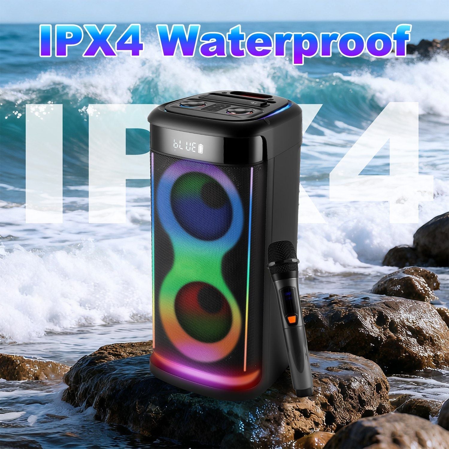 Portable Wireless Party Speaker with LED Light Wireless Mic Remote Control TWS Treble Bass Mic. Echo Music Accompany Mic. Priority Guitar In New Era Fashion LLc