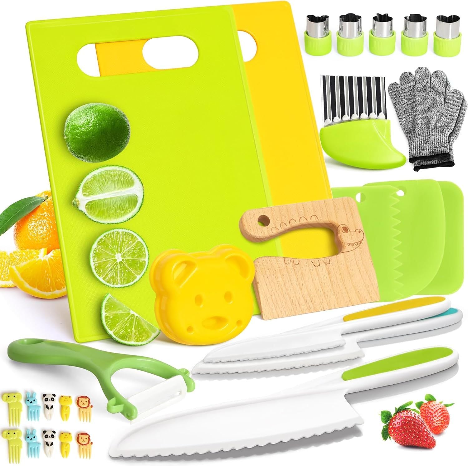28PCS Knife Set - Kids Knifes for Real Cooking, Montessori Kids Kitchen Knife Set with Cutting Board Crinkle Cutters Kid Safe Knives, Kitchen Tools Old Girl Boy New Era Fashion LLc