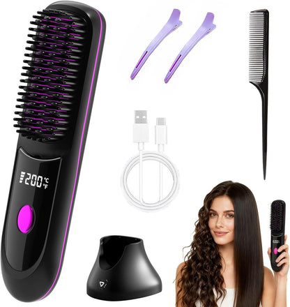Hair Straightener, Cordless Hair Straightening Brush Portable Cordless Comb with Base Negative Ion Rechargeable Brush for Frizz-Free Shine Straightening, 6400mAh Fast Heating (Black) New Era Fashion LLc