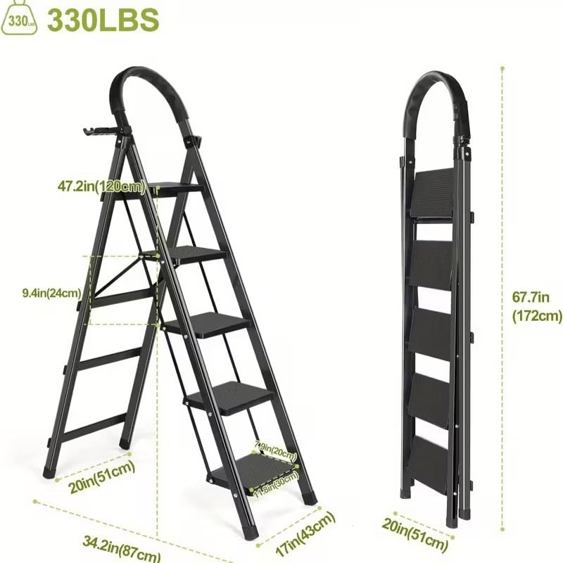 5 Step Ladder with Anti-Slip Pedals, Foldable Steel Step Stool with Tool Tray, 300LBS Capacity Portable Ladder for Home, Kitchen, Library, Office New Era Fashion LLc