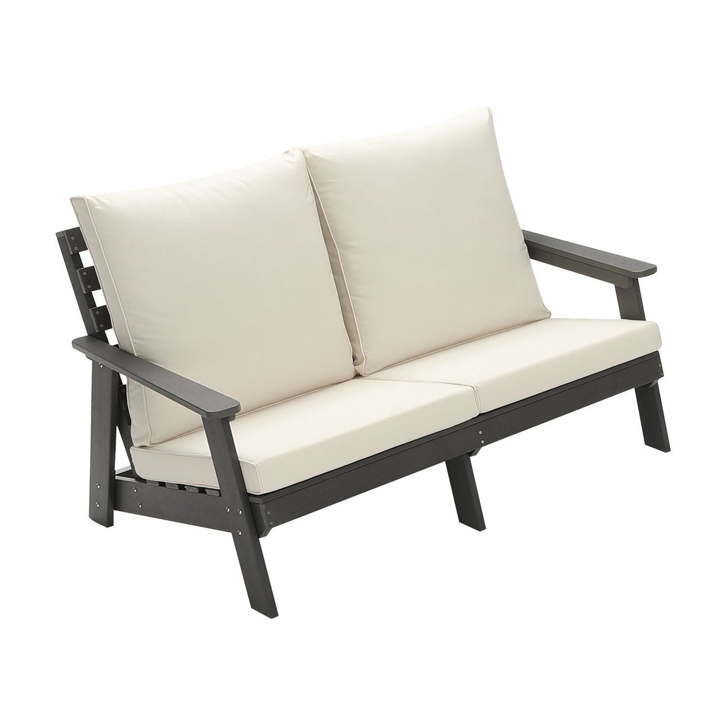 HIPS Loveseat with Cushion, Wood Grain Outdoor Garden Sofa, Sofa Set for Porch, Poolside, Terrace, and Yard Grey/Beige New Era Fashion LLc