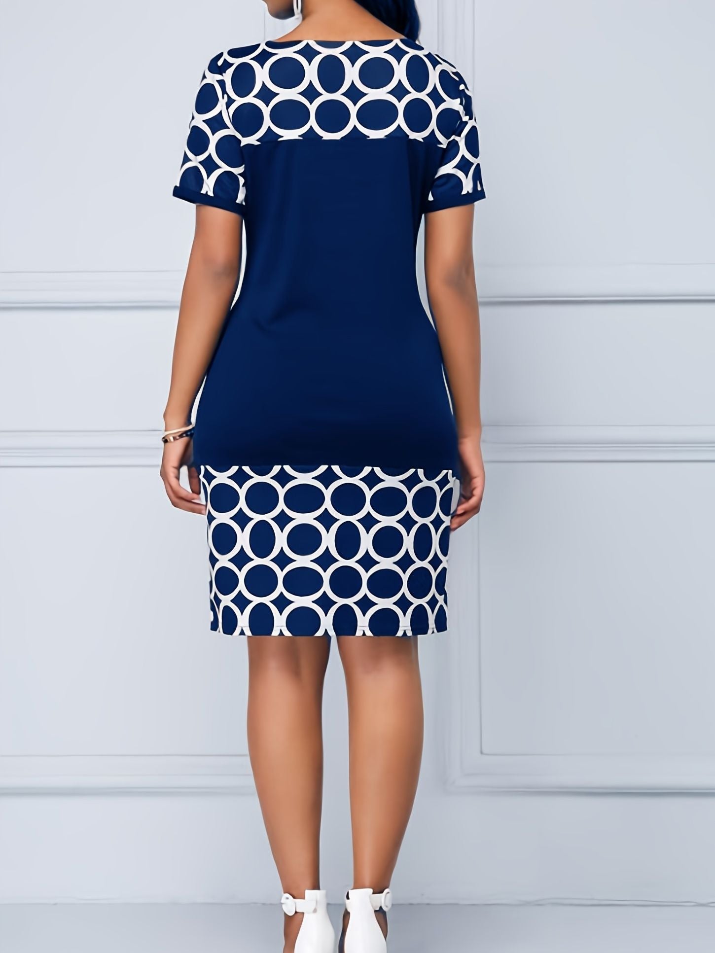 Printed Elegant Pencil Dress; Crew Neck Short Sleeve Casual Dress For Summer & Spring; Women's Clothing New Era Fashion LLc