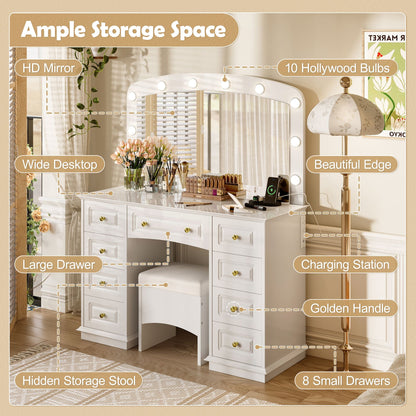 Luxurious Makeup Vanity with 10 Hollywood Bulbs, 3 Color Lighting Modes, Classic Dressing Table with Cushioned Stool and 9 Storage Drawers for Bedroom New Era Fashion LLc