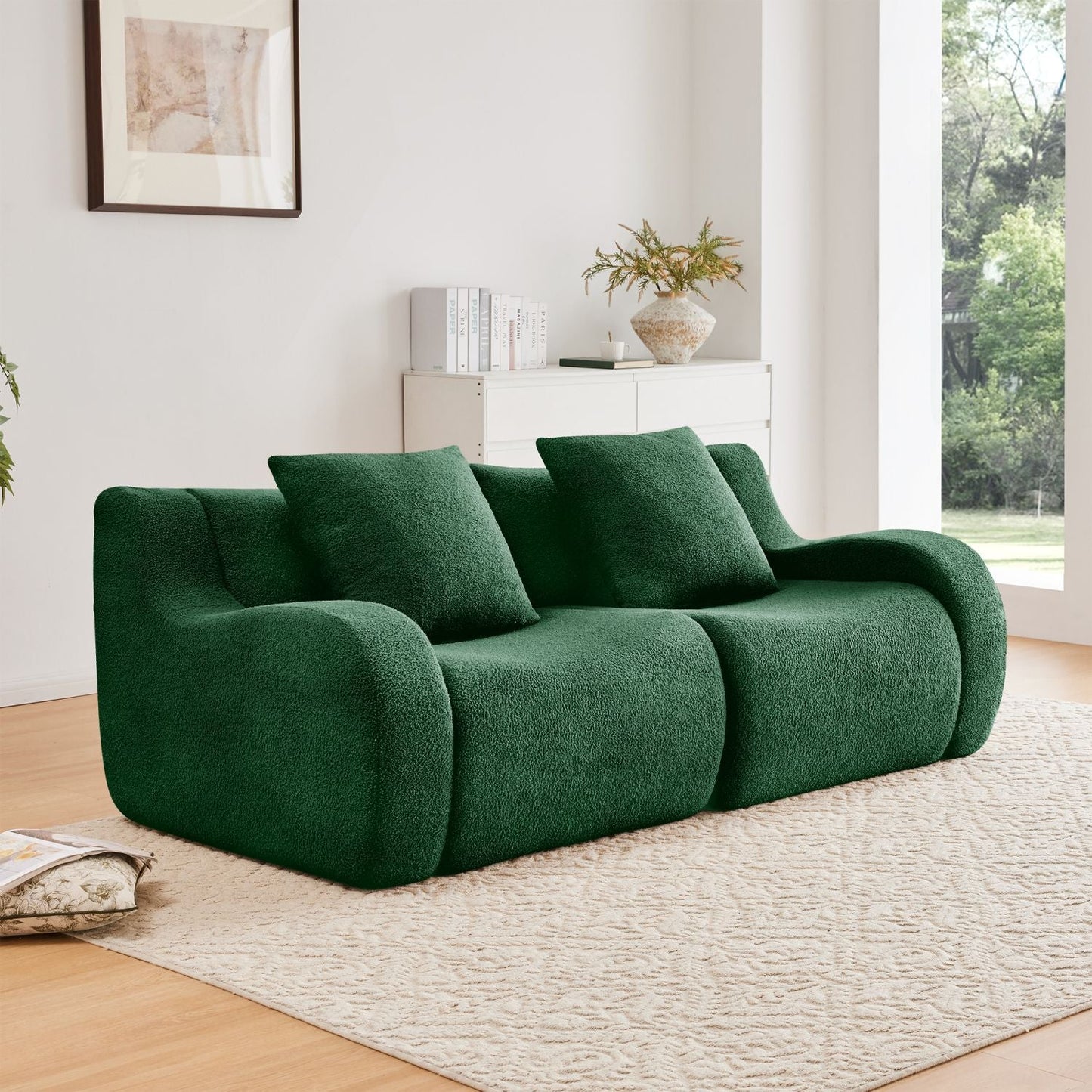 Soft Teddy Fabric Boneless Sofa,No Assembly Required Streamlined Design,Anti-Slip Design 32D High Density Sponge Fits Living Rooms Bedrooms,Green New Era Fashion LLc