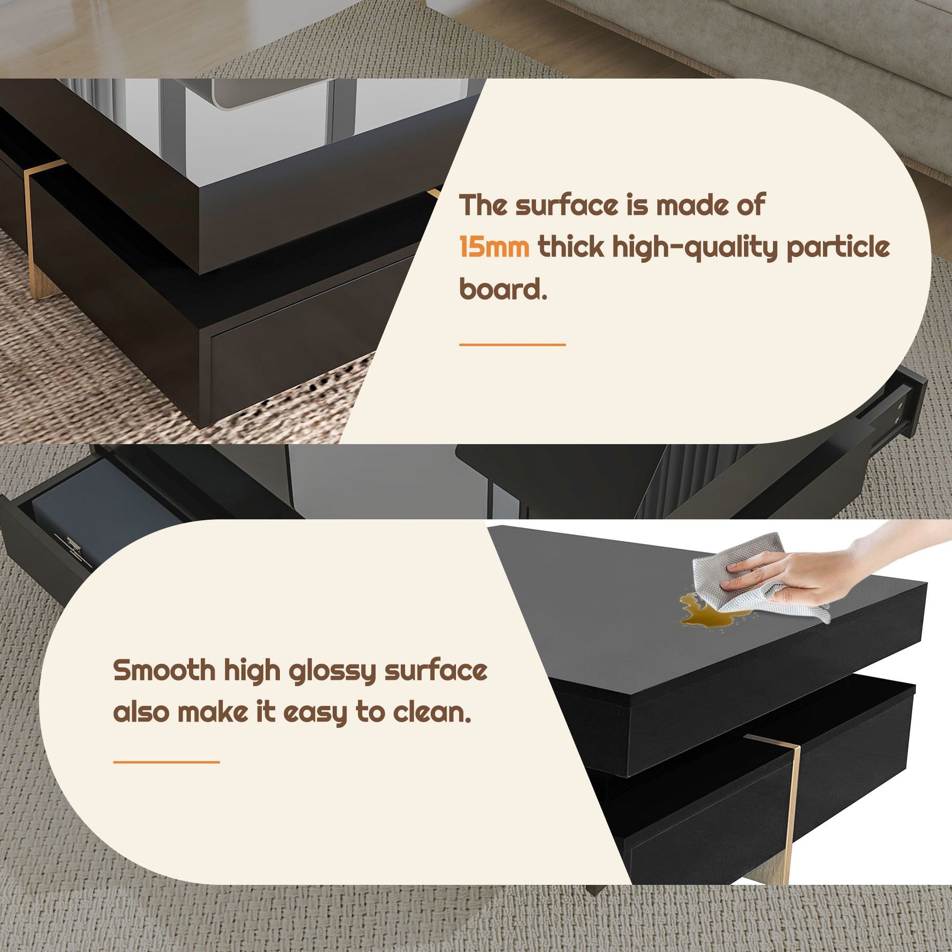 Sleek Black High Gloss Modern Coffee Table with 4 Drawers for Organized Living Rooms, Square Design with Wood Grain Legs, Ideal Cocktail Table 31.5''x31.5'' New Era Fashion LLc