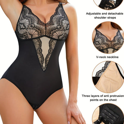 Contrast Lace Shaping Bodysuit, V Neck Sleeveless Slimming Body Shaper, Women's Underwear & Shapewear New Era Fashion LLc
