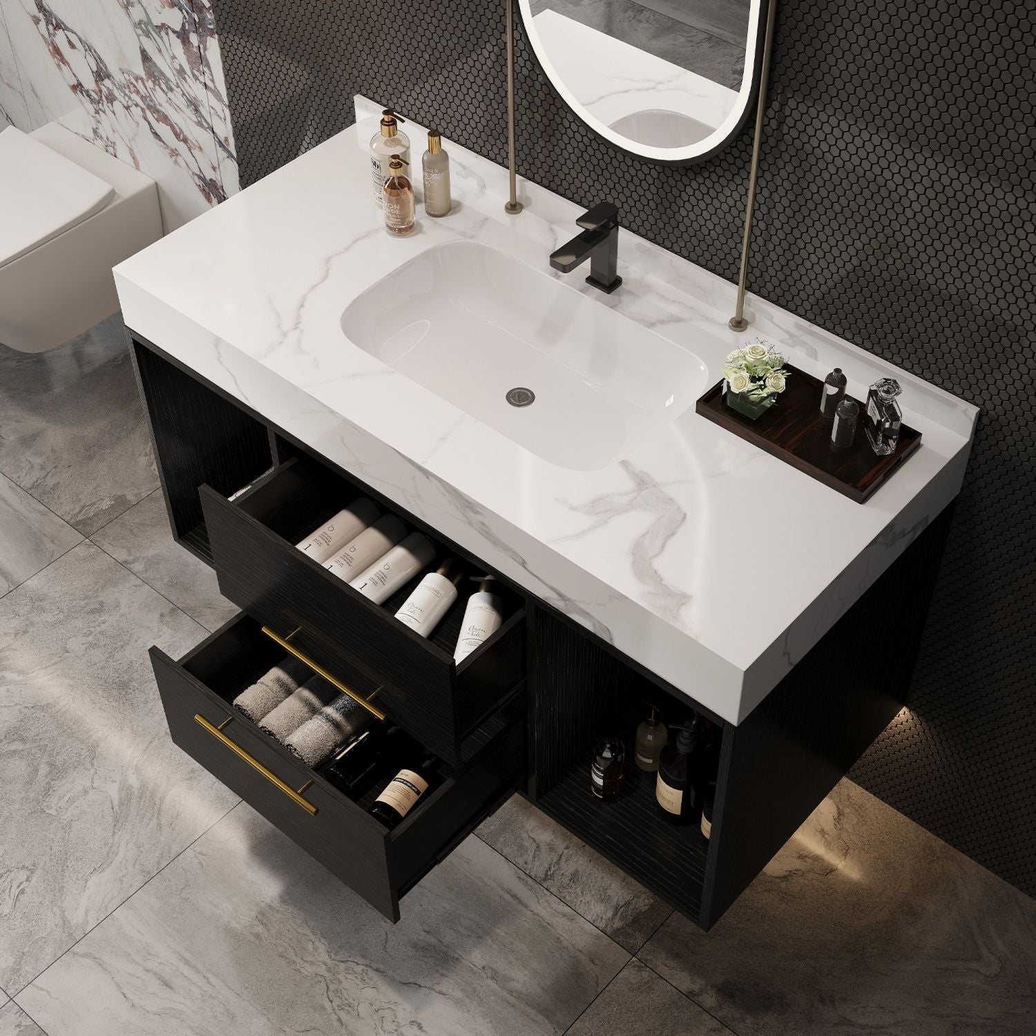 39.4" Bathroom Vanities with Ceramic Sink,Floating Bathroom Vanity,Wall Mounted Storage Cabinet with 2 Drawers and 2 Storage Spaces,Modern Bathroom Sink Cabinet with Metal Handles New Era Fashion LLc