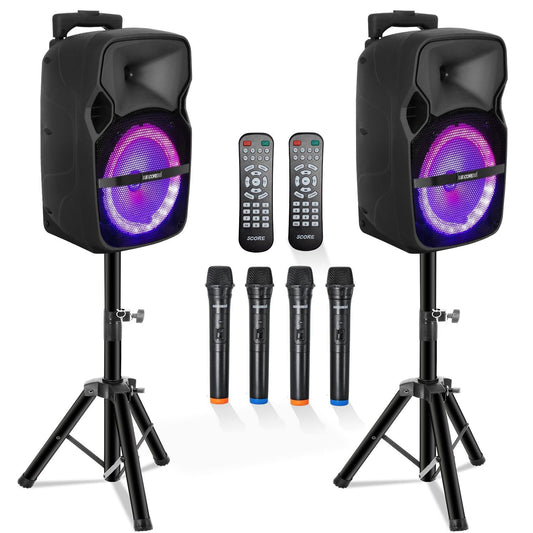 5 Core Party Speaker Bluetooth 250W Big Monster Powered Rechargeable Outdoor PA DJ System w Disco Lights 2 Wireless Karaoke Mics Portable Rolling Speakers w Handle Black - ACTIVE HOME 8 2-MIC New Era Fashion LLc