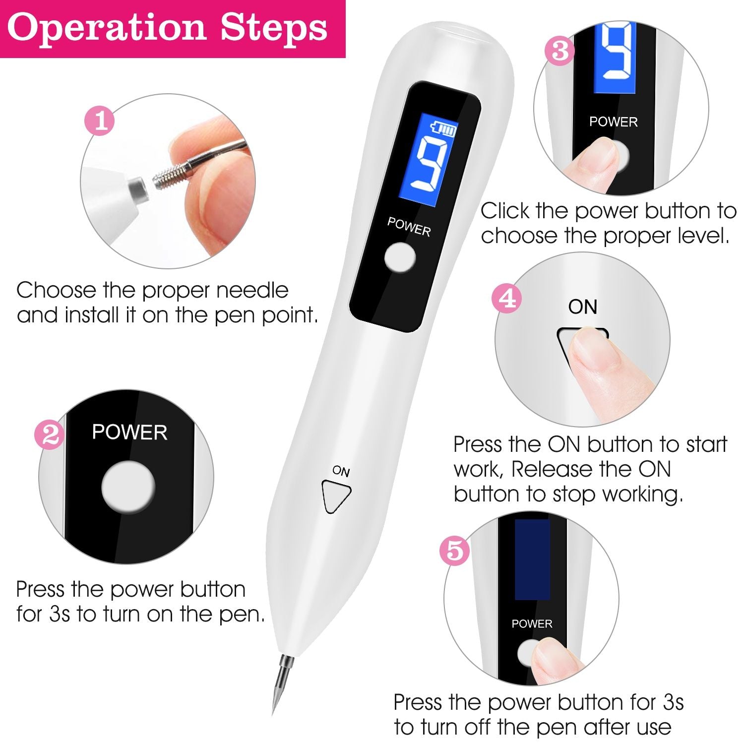 Skin Tag Repair Kit Portable Beauty Equipment Multi-Level with Home Usage USB Charging LCD Level Adjustable 6 Replaceable Needles New Era Fashion LLc