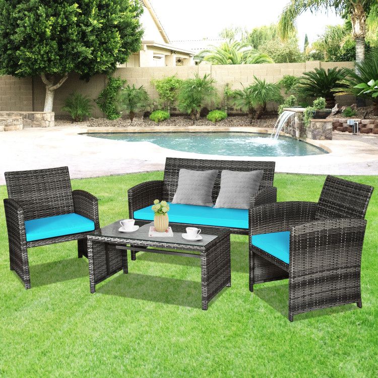 4 Pieces Patio Rattan Furniture Set with Glass Table and Loveseat New Era Fashion LLc