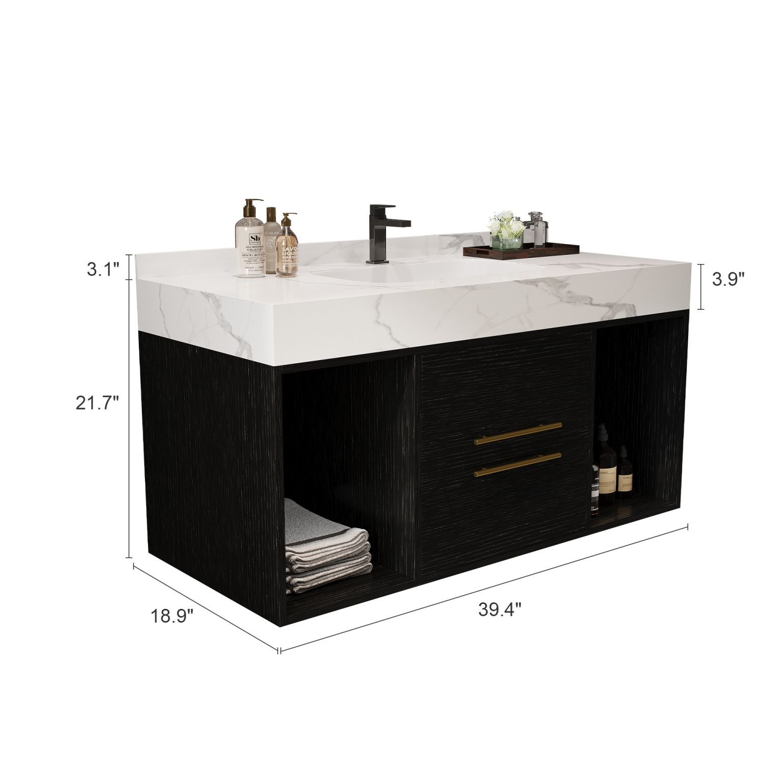 39.4" Bathroom Vanities with Ceramic Sink,Floating Bathroom Vanity,Wall Mounted Storage Cabinet with 2 Drawers and 2 Storage Spaces,Modern Bathroom Sink Cabinet with Metal Handles New Era Fashion LLc