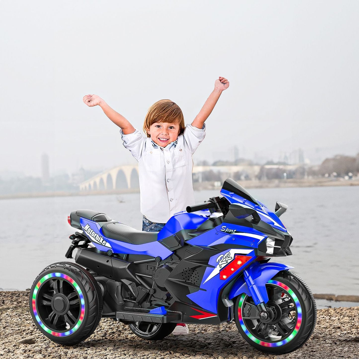 Kids Powered Ride-ons Toy, Kids Motorcycle for 3-6 Years, 12V Electric Ride on Motorcycle with Light Wheel & Bluetooth Music-Blue New Era Fashion LLc