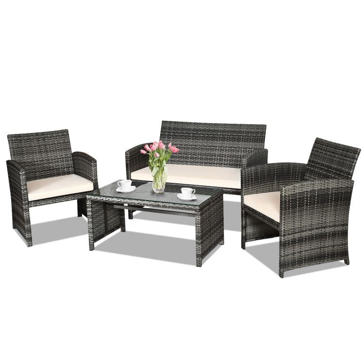 4 Pieces Patio Rattan Furniture Set with Glass Table and Loveseat New Era Fashion LLc