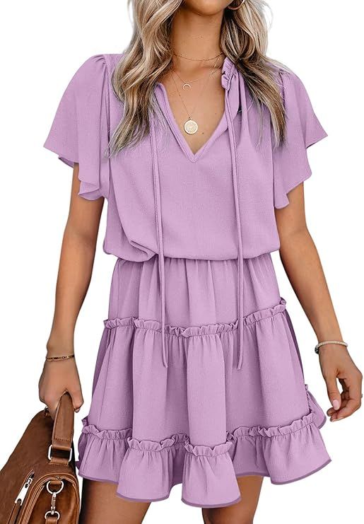Womens Purple XL Short Sleeve Ruffle V Neck Chiffon Dress Flowy A Line Mini Summer Casual Elegant Lightweight New Era Fashion LLc