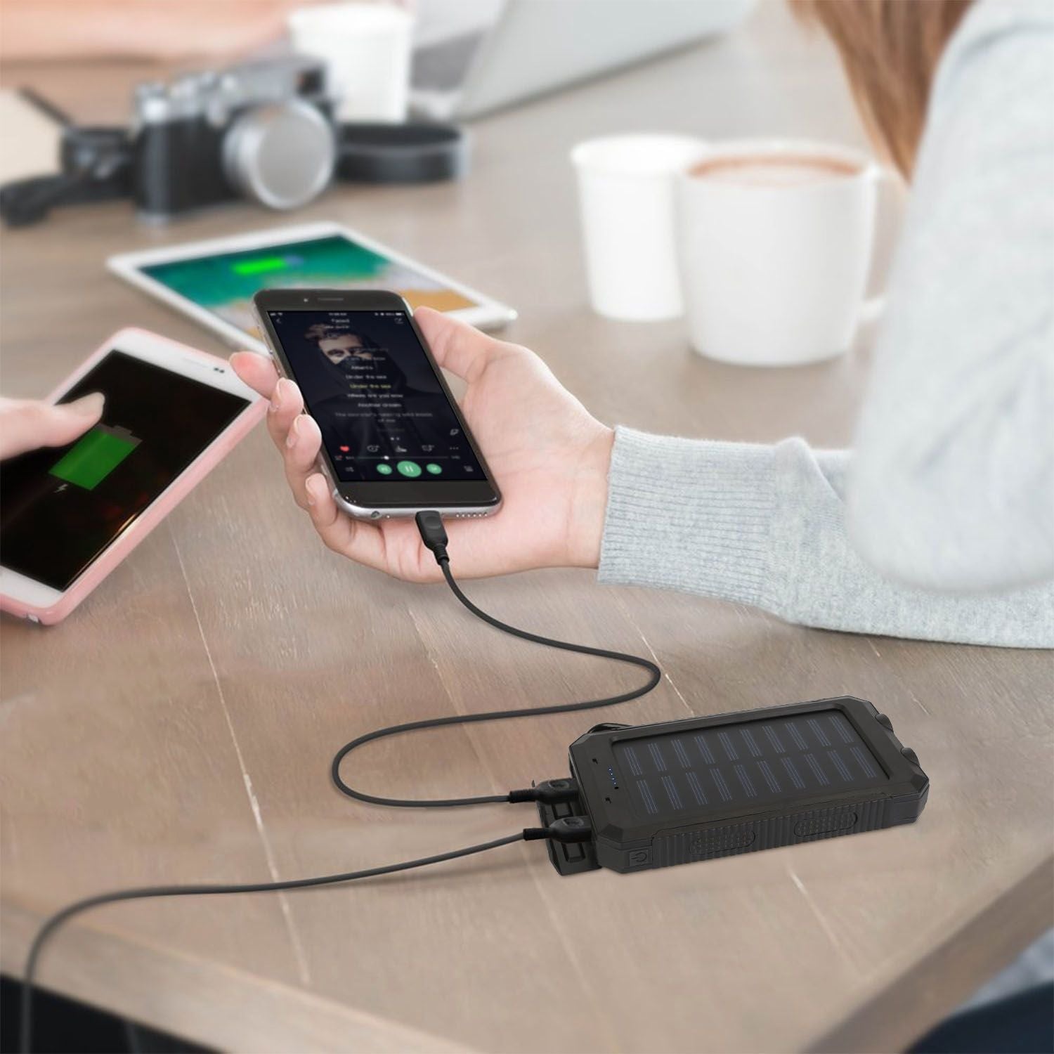 10000mAh Solar Power Bank External Battery Pack Dual USB Ports Outdoor Charger with Battery Indicators SOS LED Lights Compass Camping Hiking New Era Fashion LLc