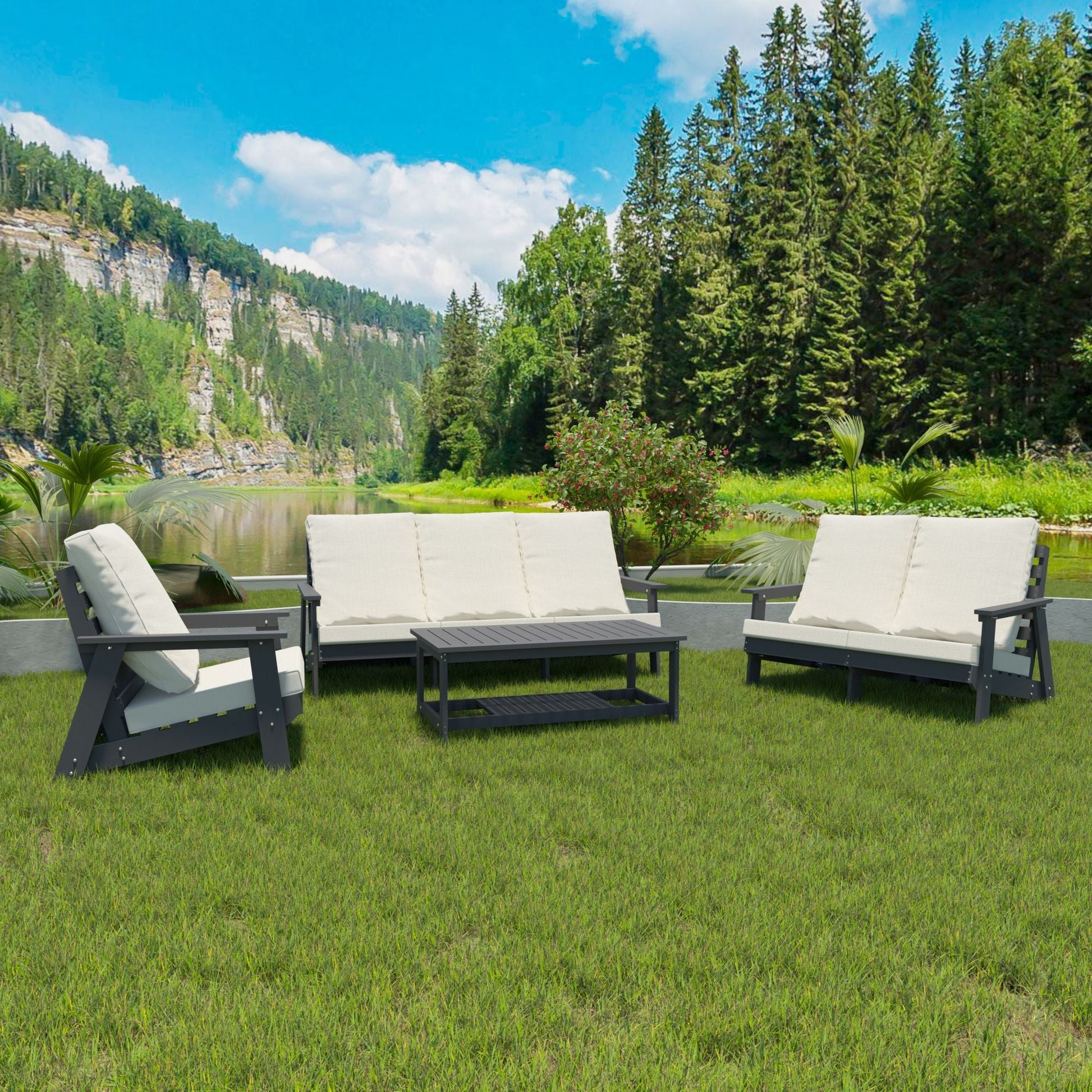 HIPS Loveseat with Cushion, Wood Grain Outdoor Garden Sofa, Sofa Set for Porch, Poolside, Terrace, and Yard Grey/Beige New Era Fashion LLc