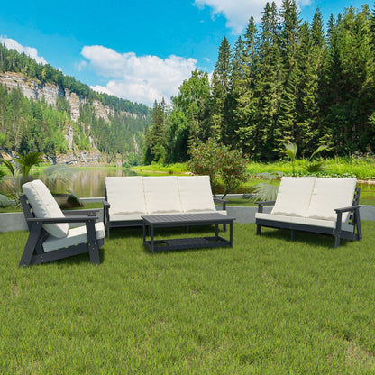 HIPS Loveseat with Cushion, Wood Grain Outdoor Garden Sofa, Sofa Set for Porch, Poolside, Terrace, and Yard Grey/Beige New Era Fashion LLc