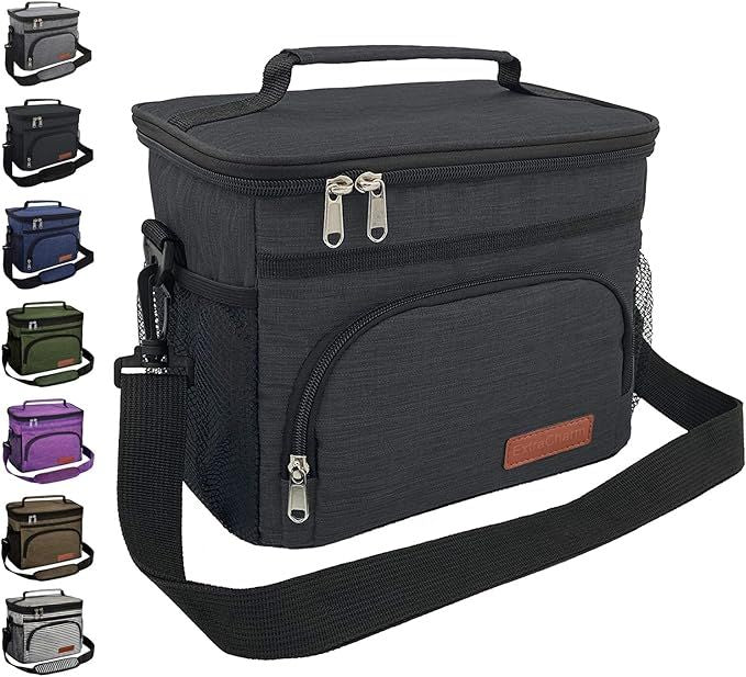 ExtraCharm Insulated Lunch Bag for Women/Men - Reusable Lunch Box for Office Picnic Hiking Beach - Leakproof Cooler Tote Bag Organizer with Adjustable Shoulder Strap for Adults - Black New Era Fashion LLc