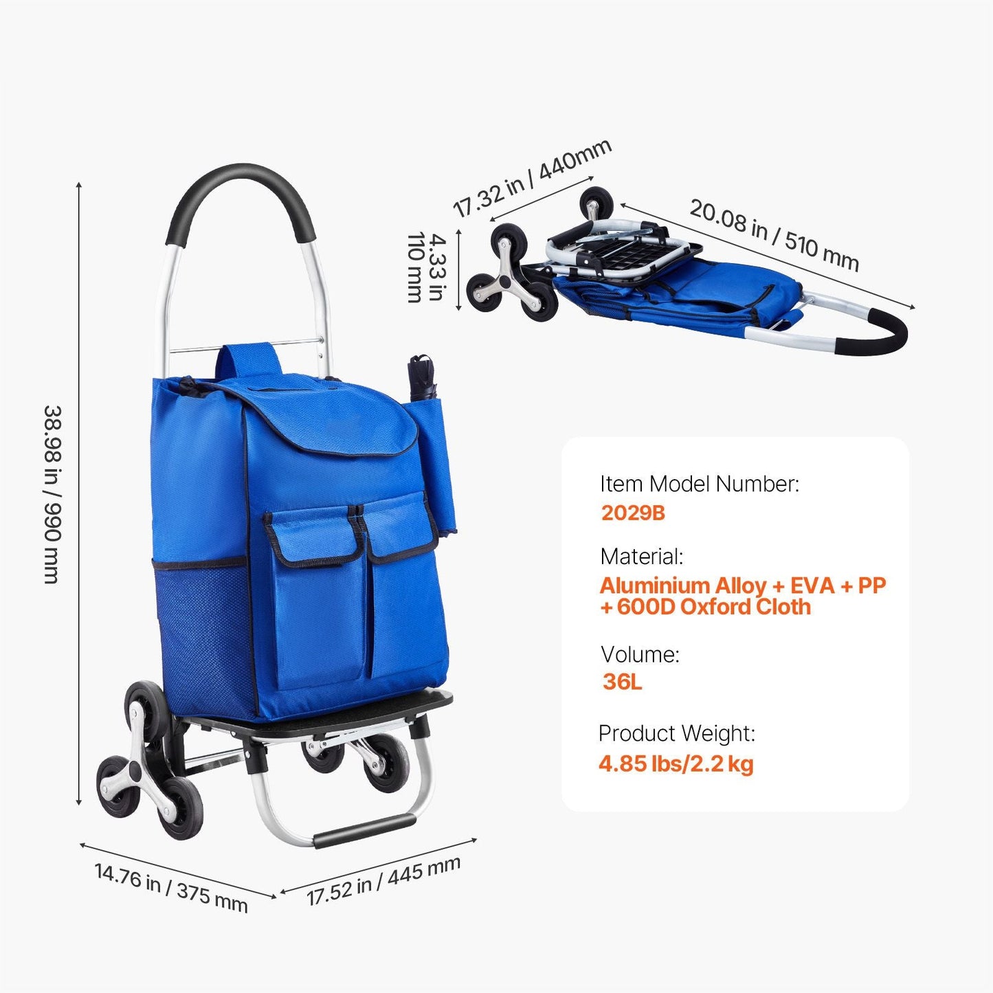 Stair Climber Trolley Dolly, 36L Folding Shopping Cart, Grocery Cart Trolley Laundry Stair Climbing Handcart with 6 Wheels & Oxford Cloth Bag, Foldable Cart for Shopping Grocery Laundry Climbing New Era Fashion LLc