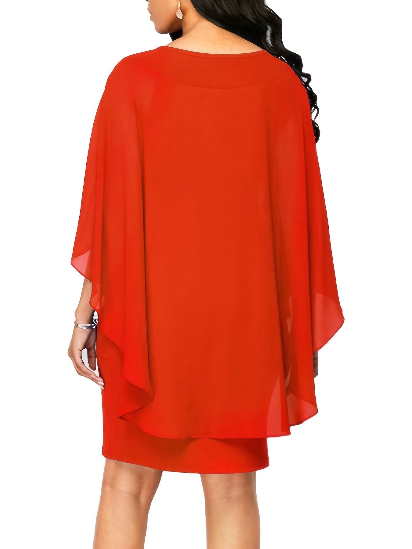 Plus Size Solid Round Neck 3/4 Sleeve Cape Midi Dress; Women's Plus Elegant Slight Stretch Cape Midi Dress New Era Fashion LLc