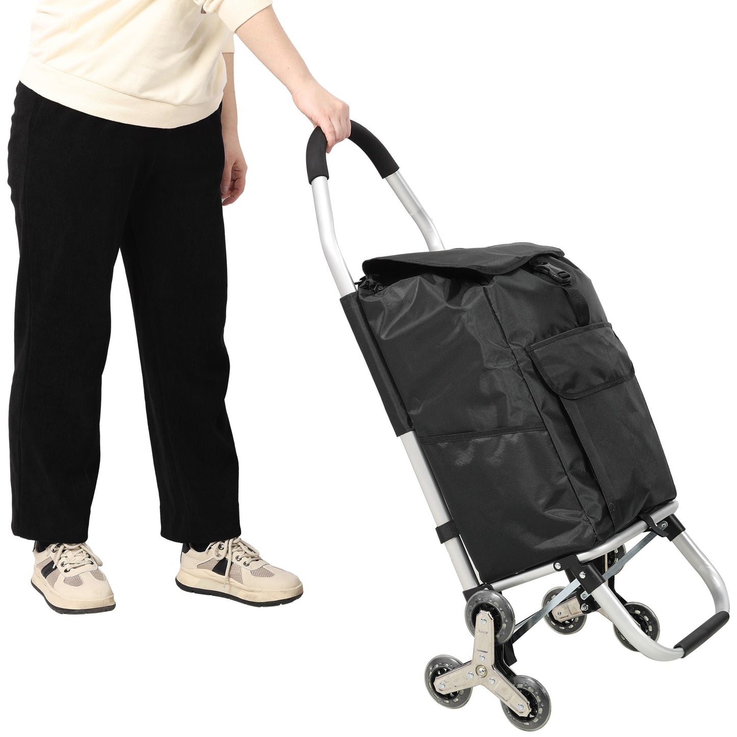 2 in 1 Shopping Stair Trolley with Wheels,Trolley Black Foldable Shopping Cart,Removable Shopping Oxford Waterproof Bag,Stainless Steel Triangular Wheels, Black New Era Fashion LLc