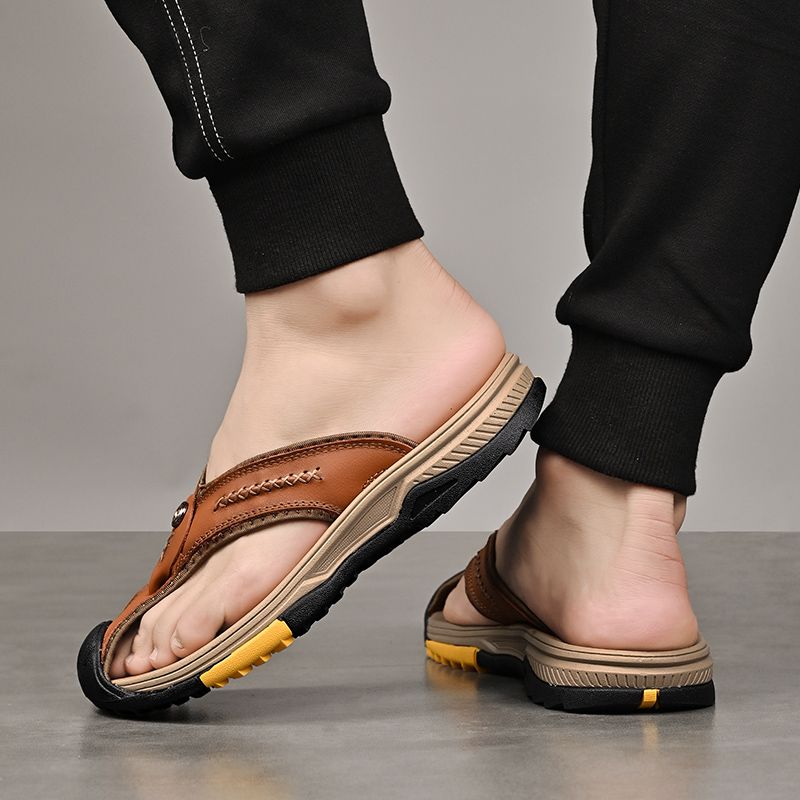Summer men's new first layer cowhide flip-flops fashion all comfortable men's slippers beach shoes New Era Fashion LLc