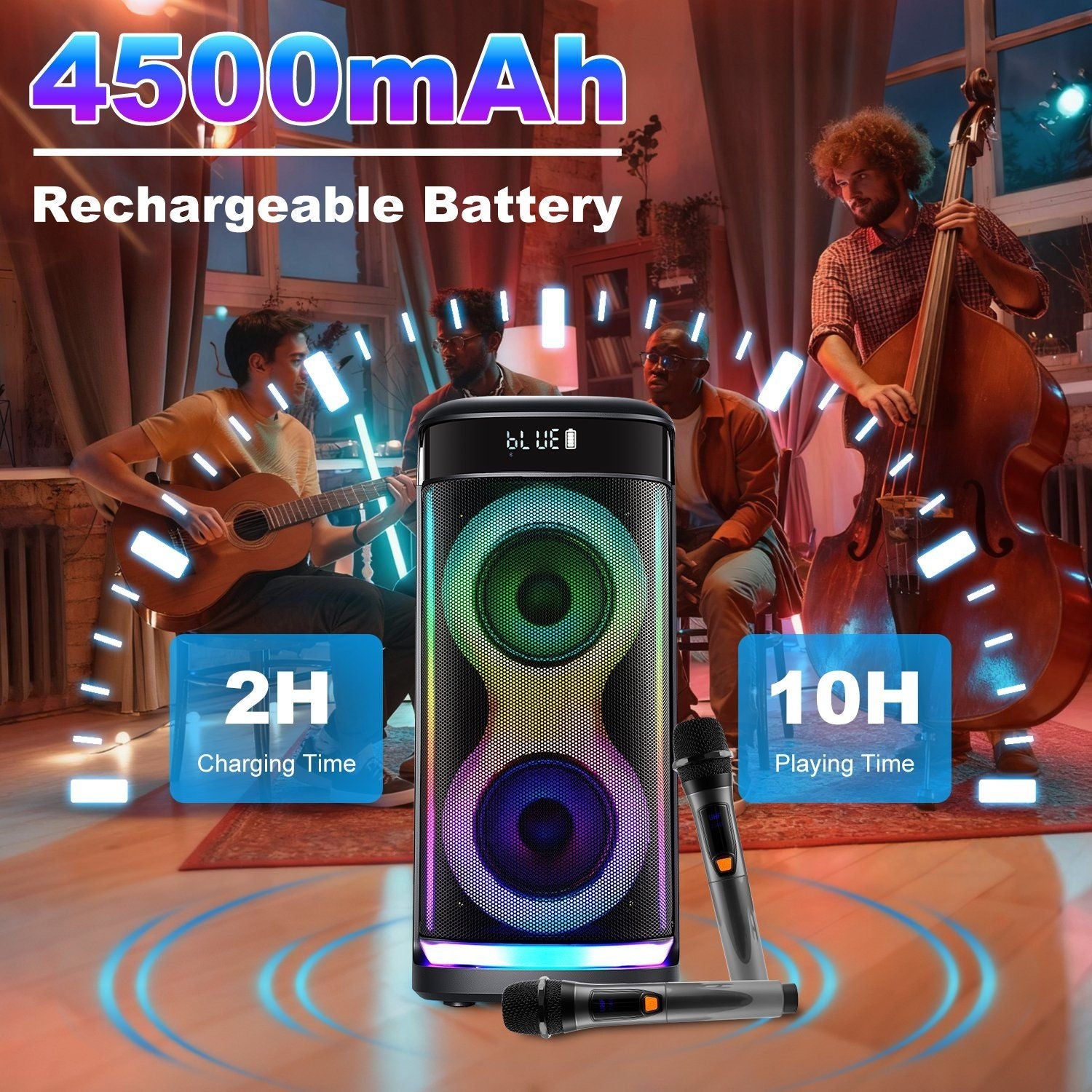 Portable Wireless Party Speaker with LED Light Wireless Mic Remote Control TWS Treble Bass Mic. Echo Music Accompany Mic. Priority Guitar In New Era Fashion LLc