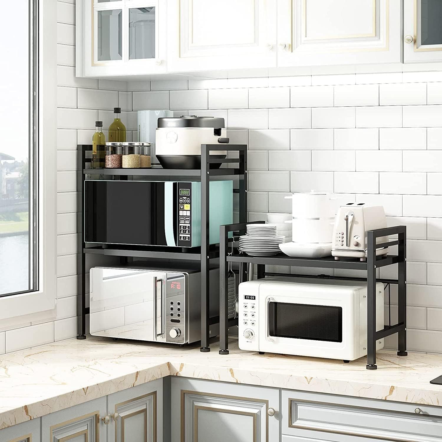 Expandable Microwave Stand Countertop Kitchen Utensils Tableware Storage, Carbon Steel Over Microwave Shelf Countertop with 3 Hooks New Era Fashion LLc