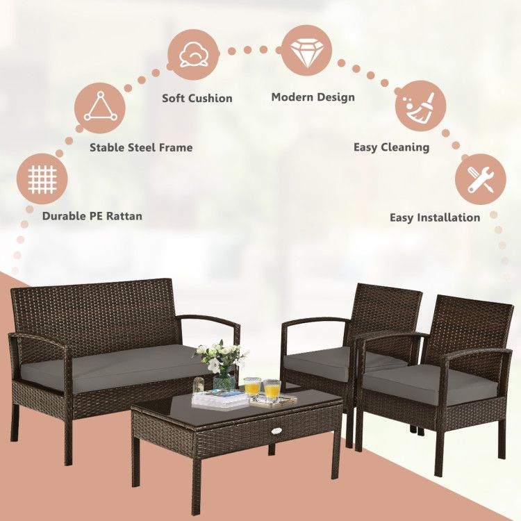 4 Pieces Patio Rattan Cushioned Furniture Set with Loveseat and Table Outdoor Conversation Sets New Era Fashion LLc